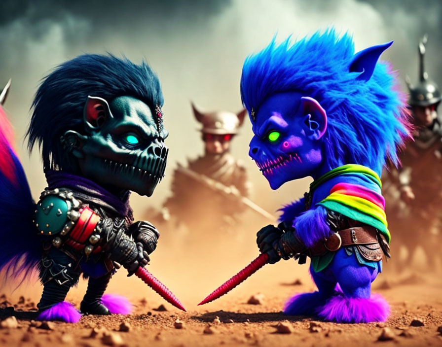 Blue-furred warrior creatures in vibrant attire duel on dusty battlefield