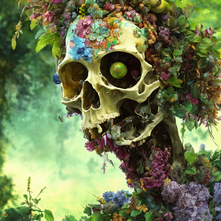 Colorful Adorned Skull with Greenery, Flowers, and Fruits in Serene Background