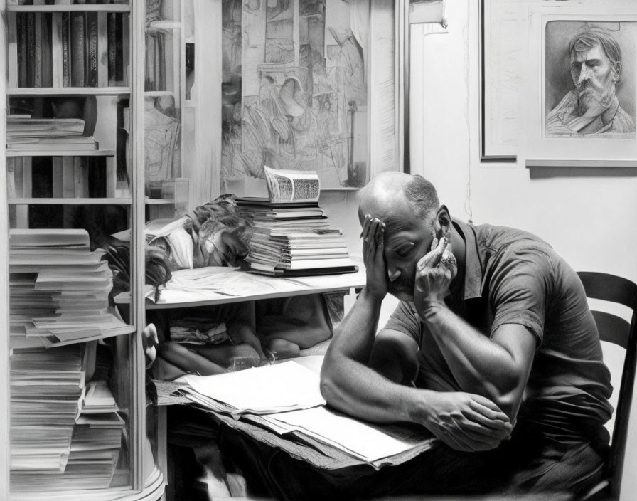 Monochrome image of person at desk with books, papers, and sketches