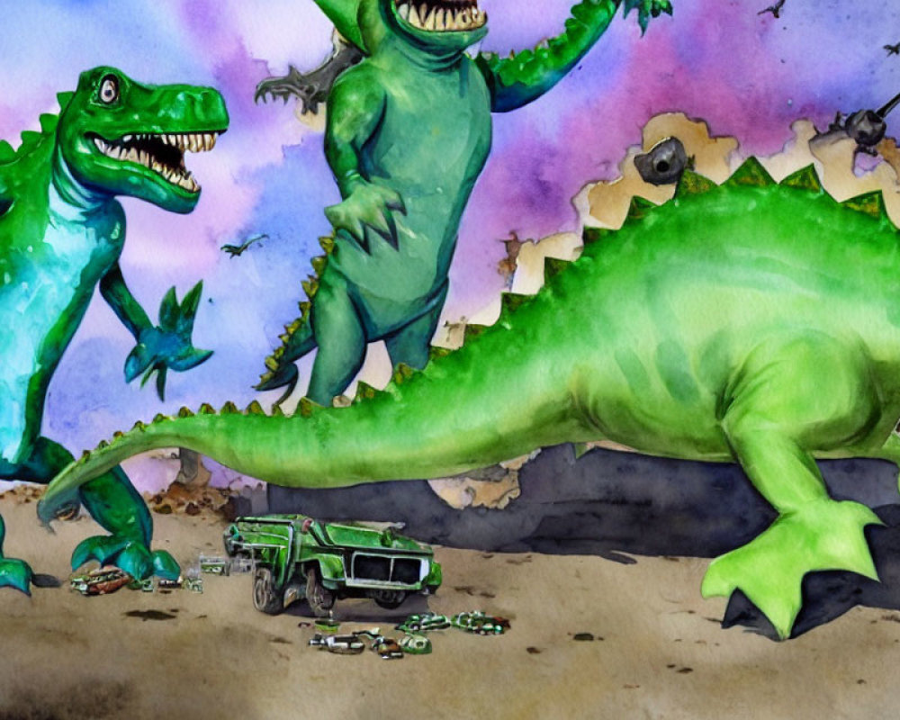 Stylized green dinosaurs in watercolor painting with crushed vehicle