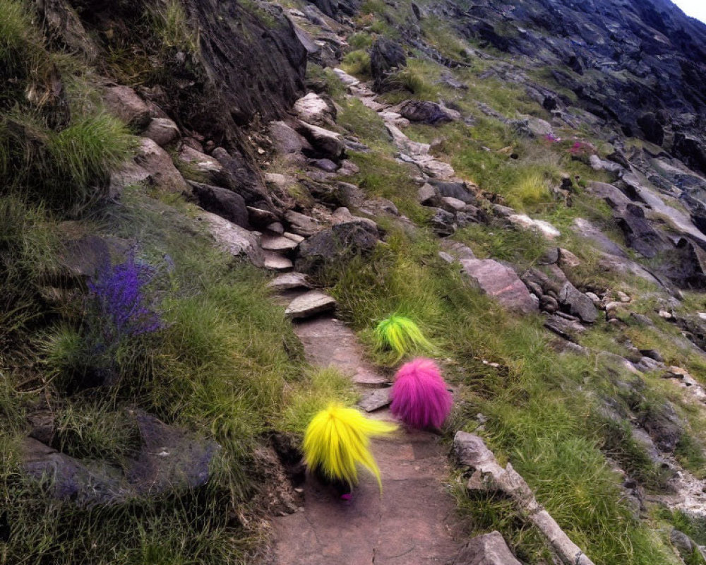 Rocky Mountain Path with Colorful Fuzzy Objects