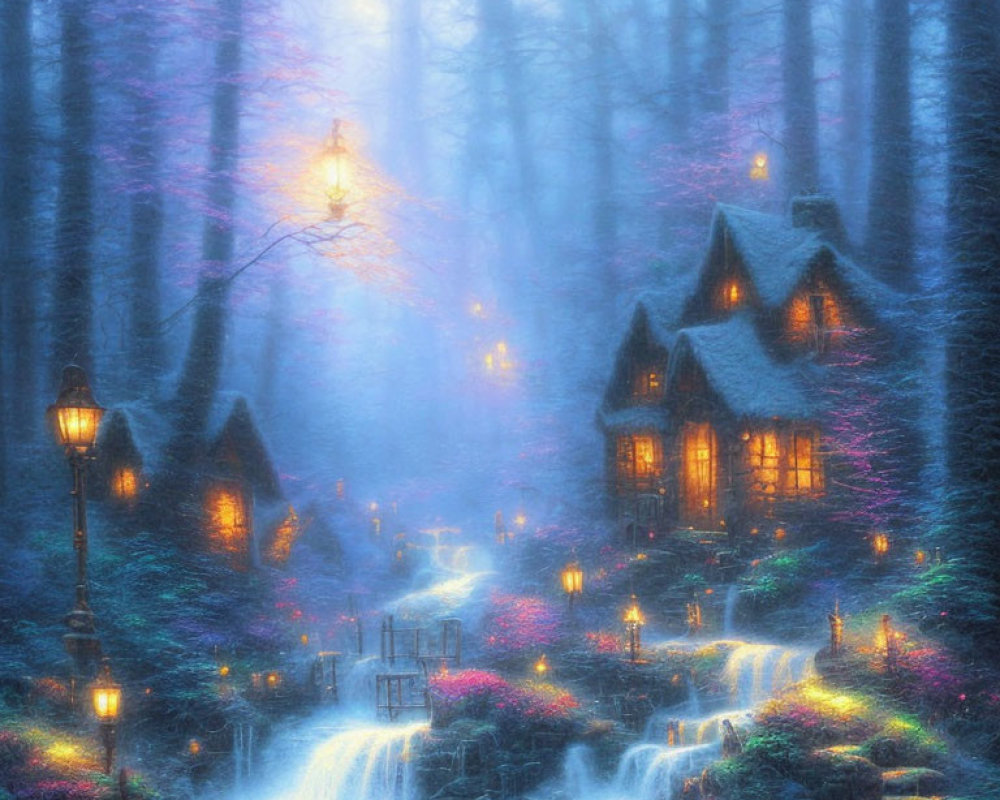 Twilight forest scene with cottages, waterfall, and flowers