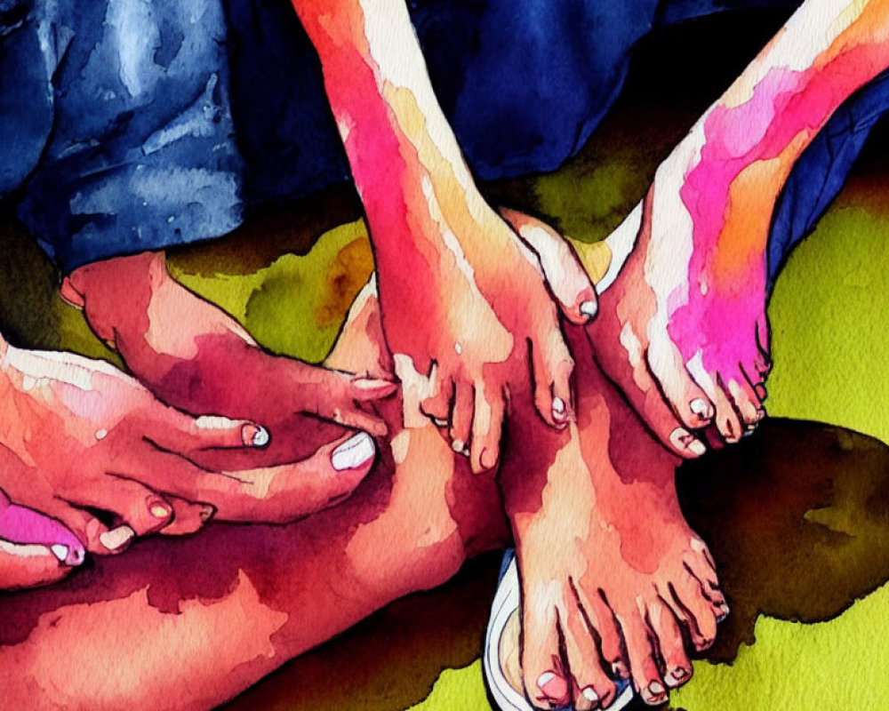 Colorful Watercolor Illustration of Hands Holding Feet