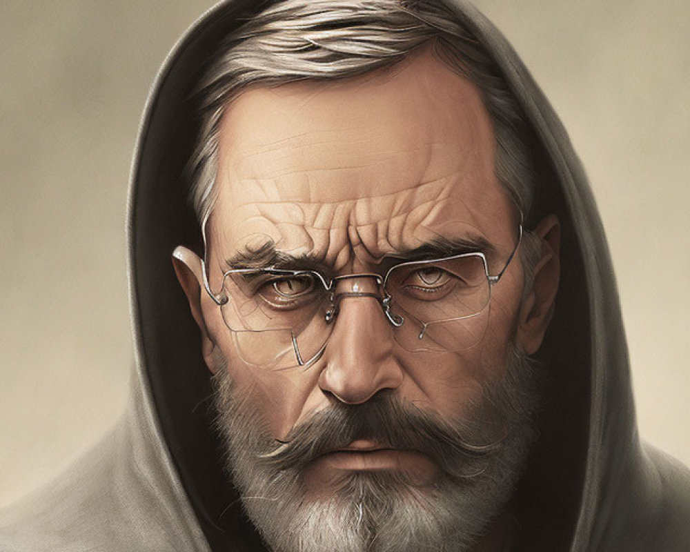 Elderly man with grey hair and beard in glasses and hooded jacket portrait