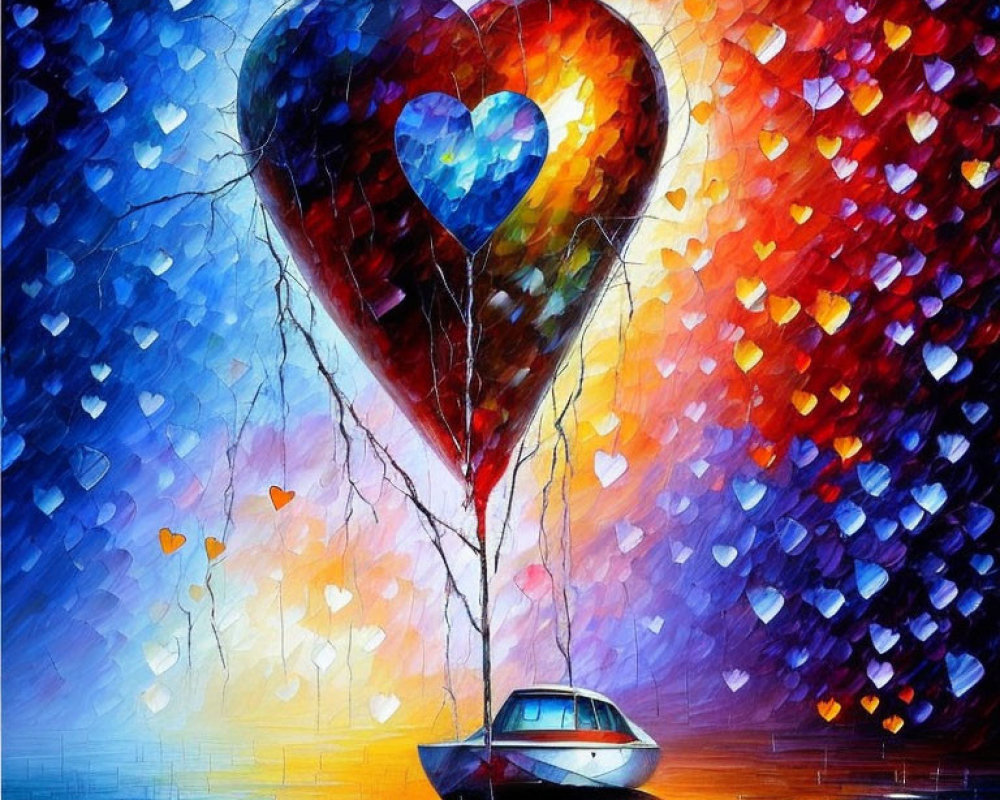 Colorful Heart Balloon Floats Above Boat in Vibrant Painting