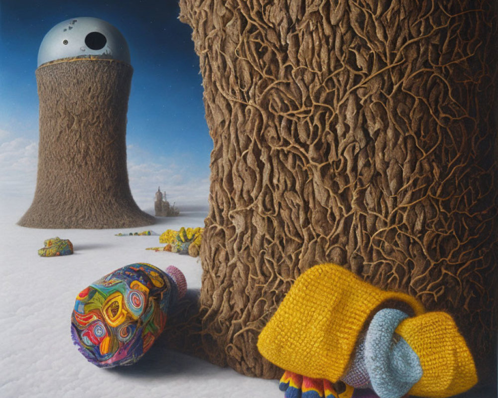 Surreal painting of textured tree, knitted blankets, tower, and castle under blue sky