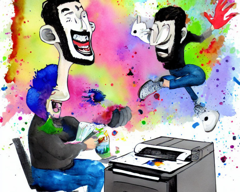 Vibrant watercolor illustration of man laughing and spilling coffee