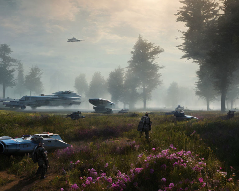 Military vehicles, armed figures, spaceships in misty forest clearing