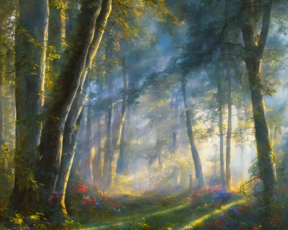 Misty forest scene with sunlight filtering through tall trees