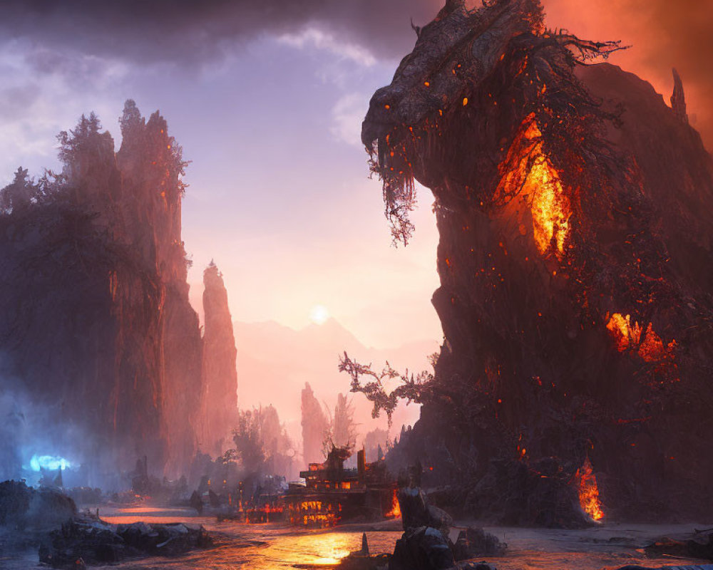 Dramatic landscape with fiery dragon and setting sun