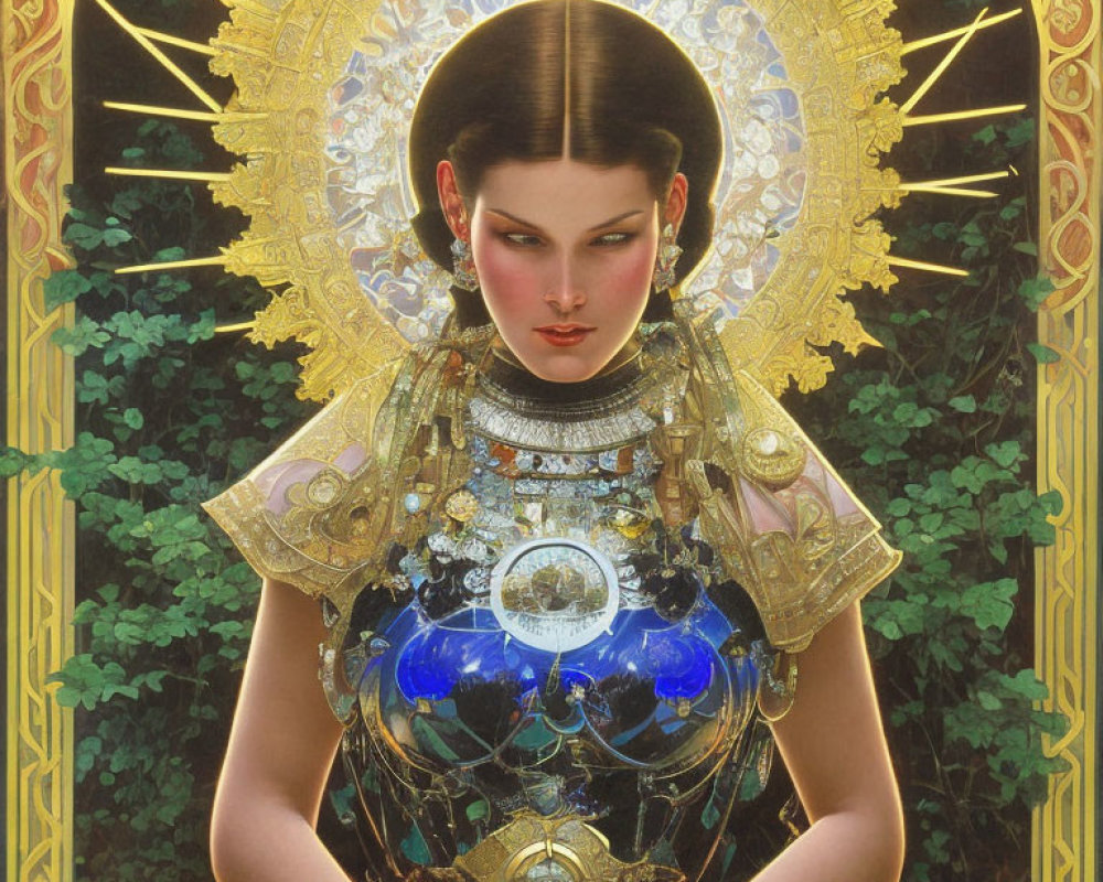 Woman in Gold and Blue Ornate Armor with Halo in Lush Green Setting