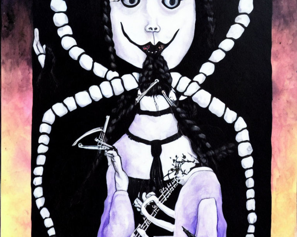 Gothic painting of smiling girl with braids and bat, surrounded by tentacles on pink and