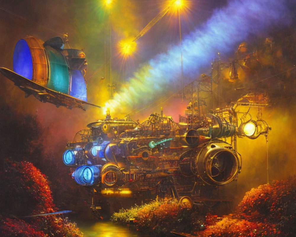 Vibrant steam train in illuminated fantasy landscape