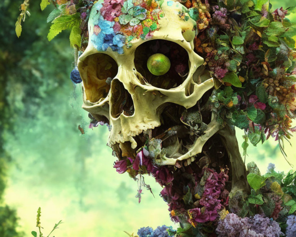 Colorful Adorned Skull with Greenery, Flowers, and Fruits in Serene Background