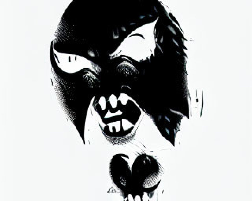 Monochrome artwork of fierce creature with sharp teeth and dripping effect