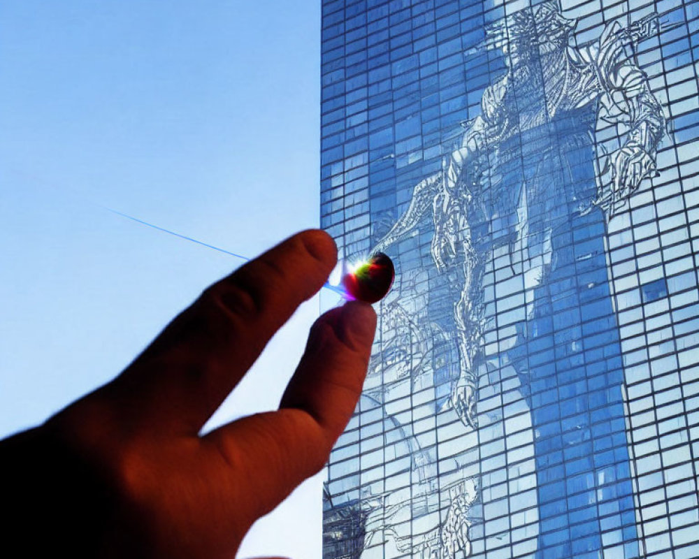 Colorful marble pinched between fingers against skyscraper backdrop with artistic etchings.