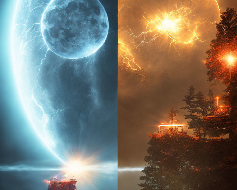 Split-image of lighthouse: Tranquil moon vs. dramatic lightning sky