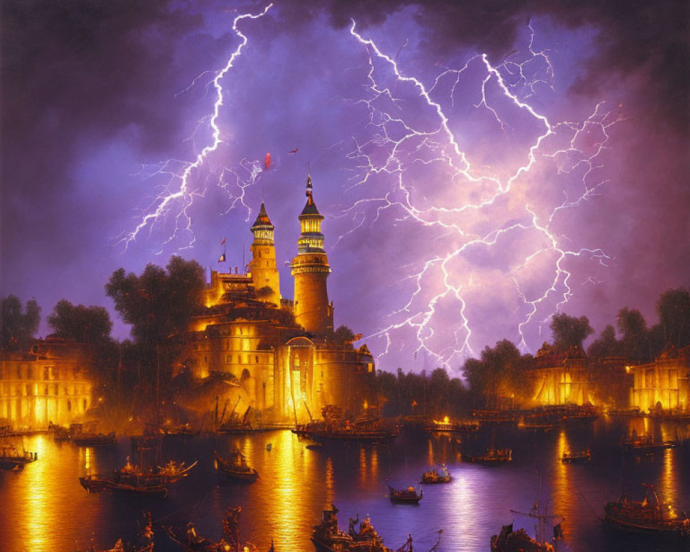 Castle by River at Night: Lightning Illuminates Purple Sky