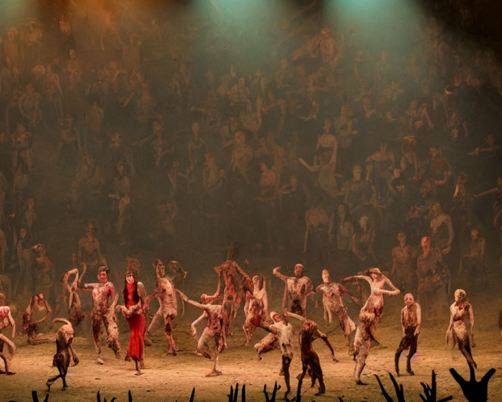 Crowded theatrical performance with woman in red under dramatic spotlight