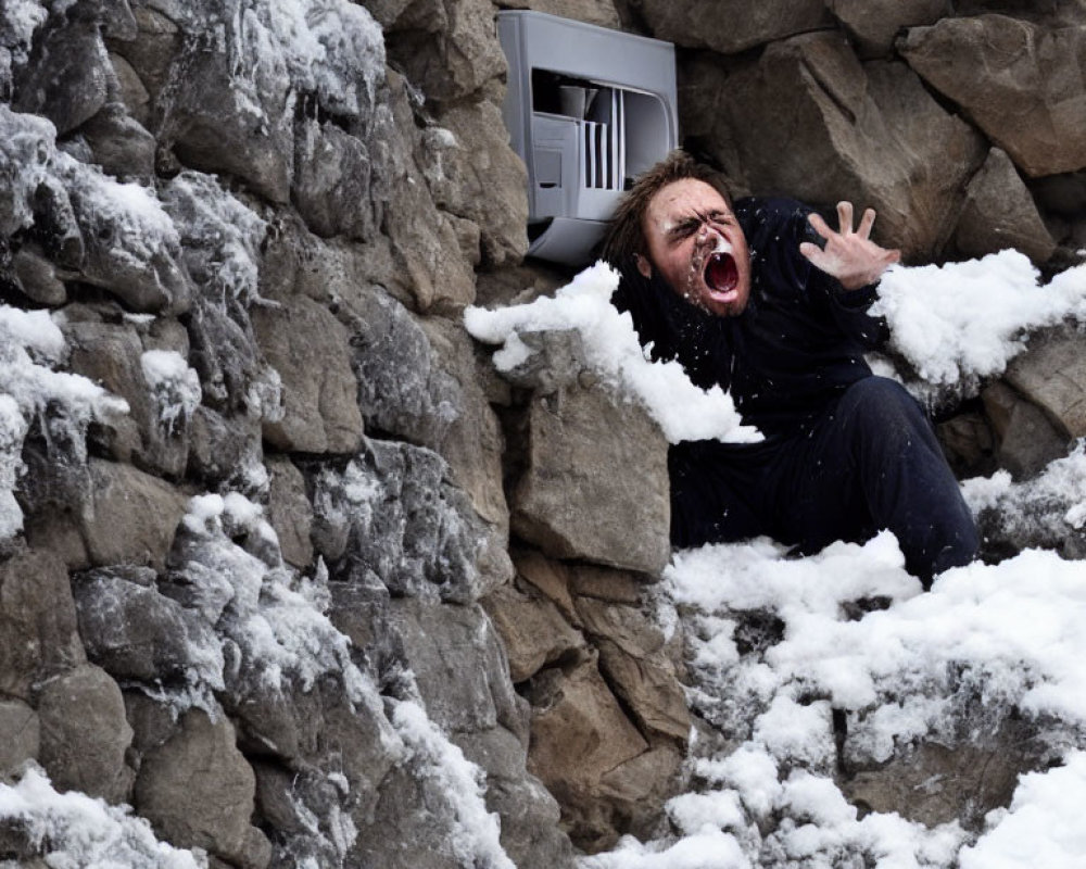 Man in Black Emerges from Rocky Opening in Snow, Showing Distressed Expression