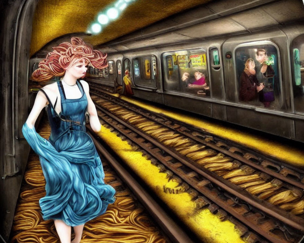 Illustration of woman in blue dress on subway tracks with approaching train.