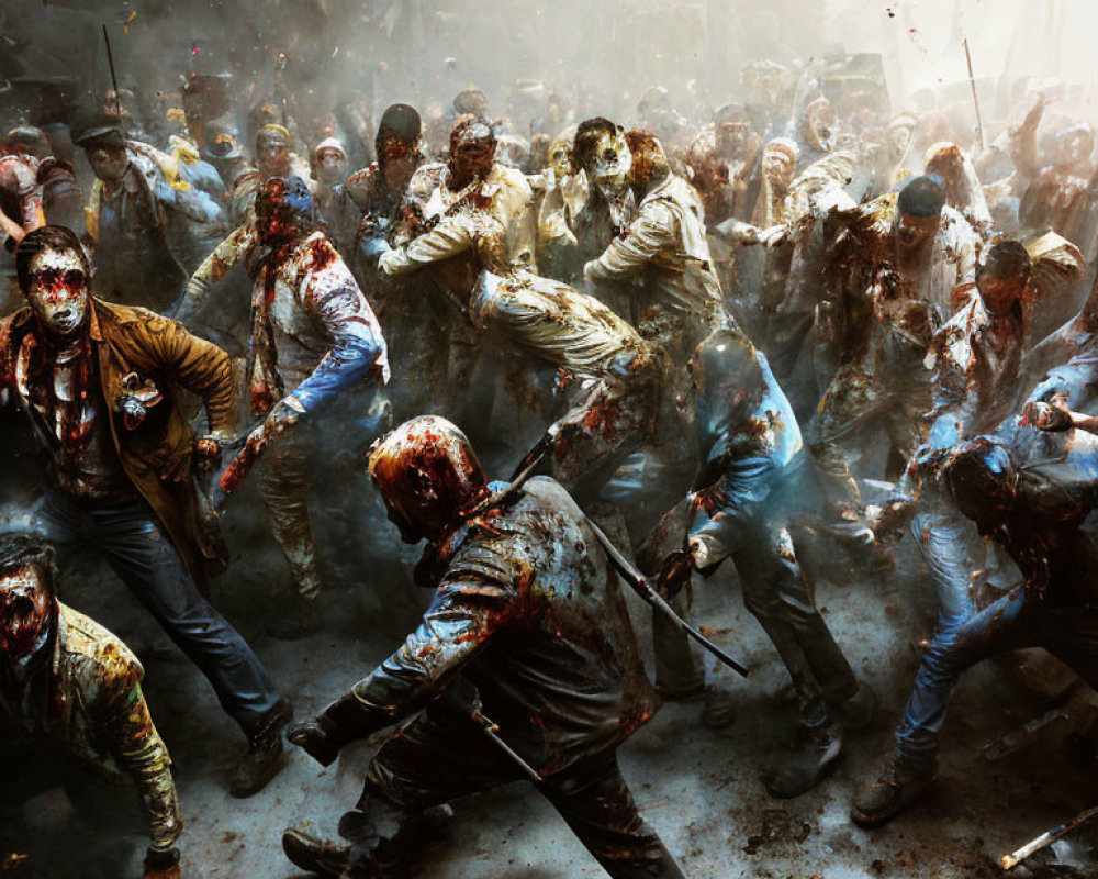 Crowd of mud-covered or fake-blooded people resembling zombies in chaotic or festive setting