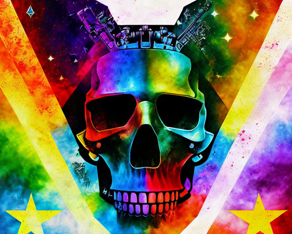 Vibrant digital artwork: skull with rainbow prism effect and stars on textured background