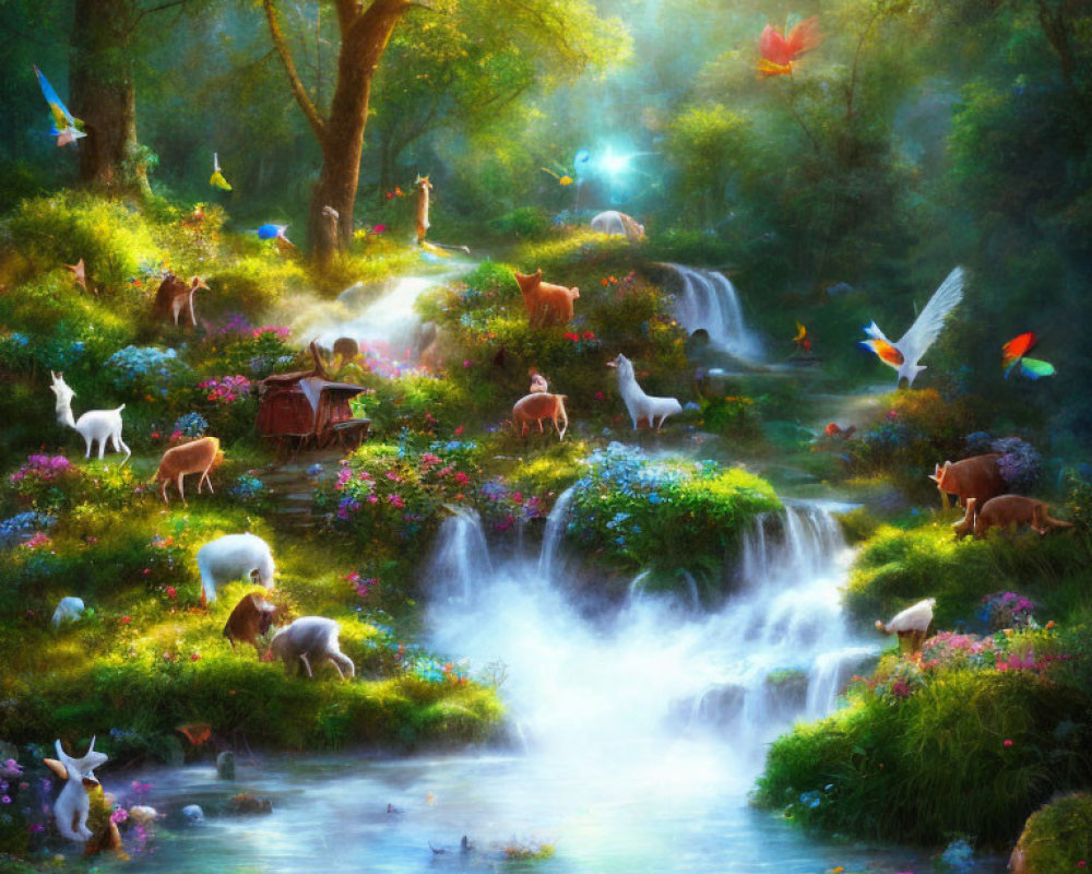 Tranquil forest scene with grazing animals, colorful birds, and serene waterfall