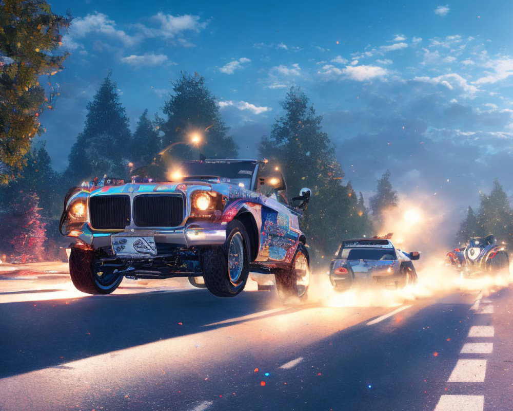 Classic car and modern vehicles racing on forest road at dusk