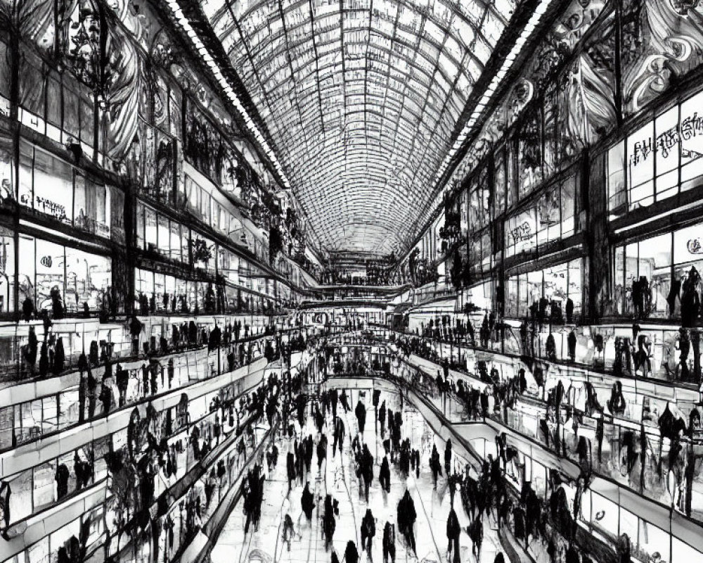 Monochrome indoor scene with glass ceiling, balconies, and people.