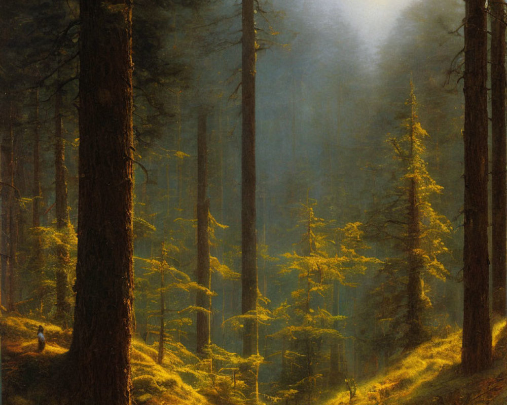 Misty forest scene with sunlight filtering through tall trees