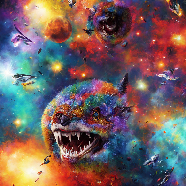 Colorful Wolf's Head in Cosmic Universe Artwork