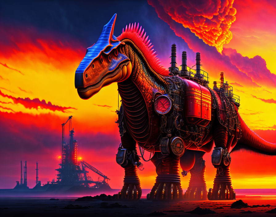 Mechanical Dinosaur in Sunset Sky with Industrial Background