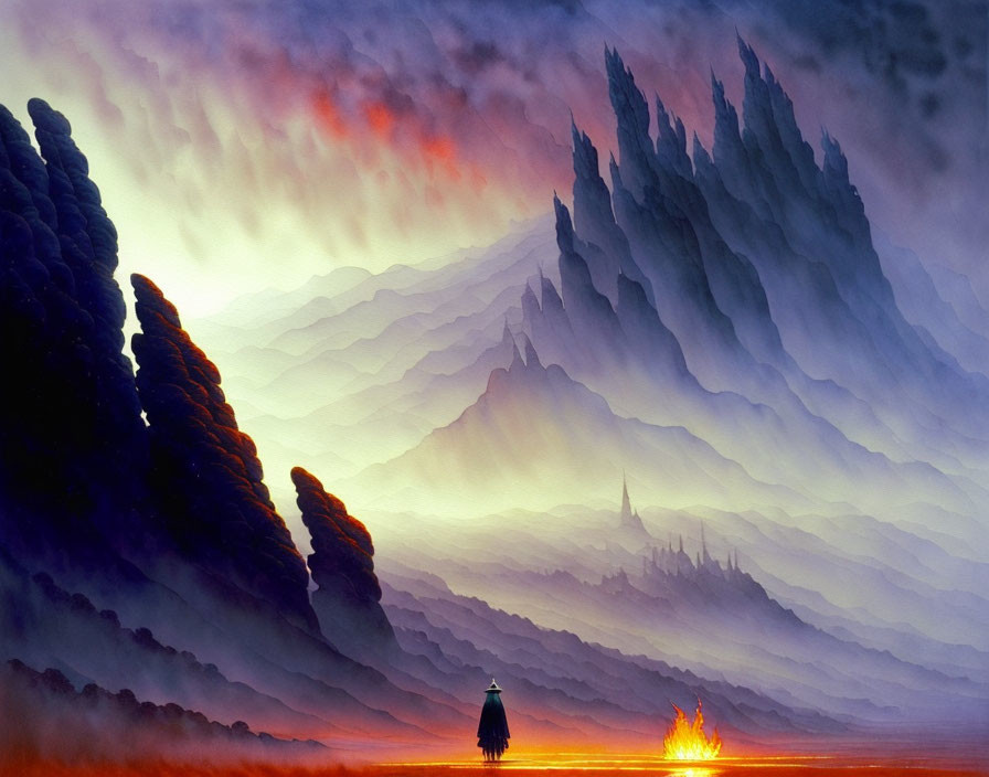 Fantastical landscape with towering mountains, fiery sky, lone figure, mist, and distant castle.