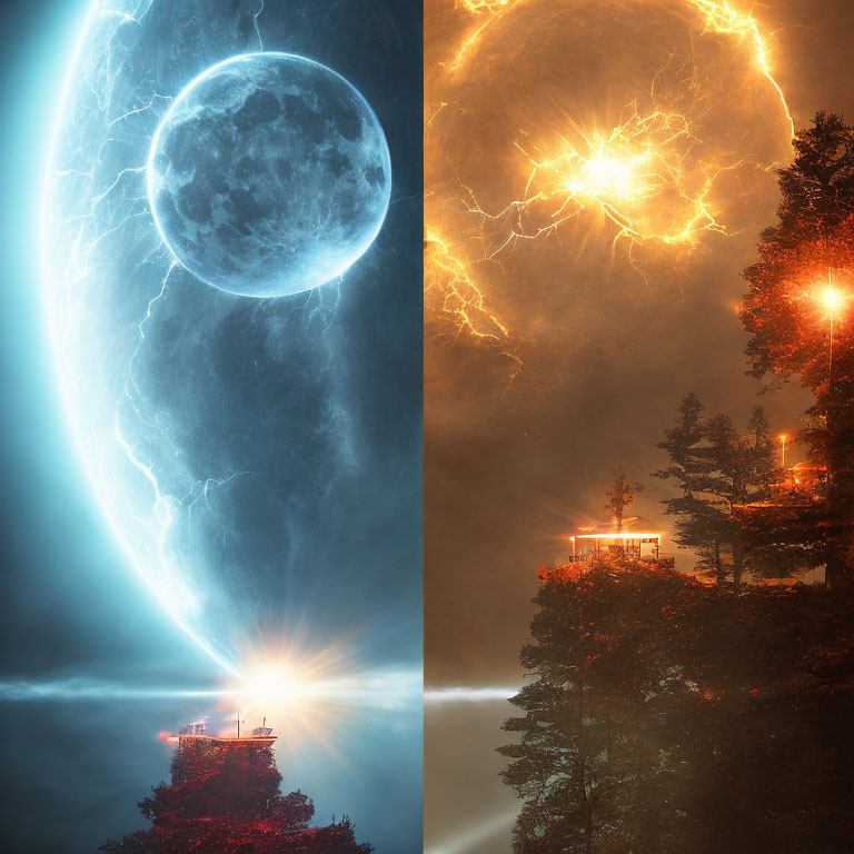 Split-image of lighthouse: Tranquil moon vs. dramatic lightning sky