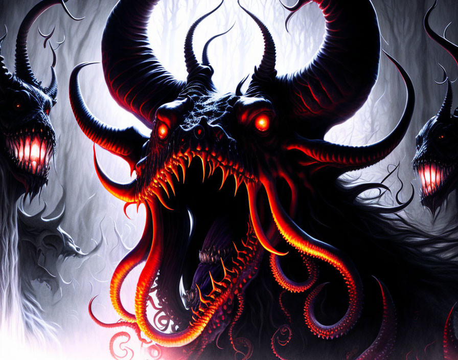 Dark fantasy artwork: Multiple monstrous faces, sharp horns, glowing eyes.