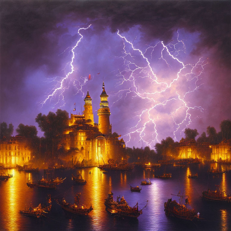 Castle by River at Night: Lightning Illuminates Purple Sky