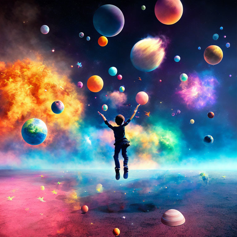 Child reaching towards vibrant cosmic scene with diverse planets and stars against nebula-filled sky