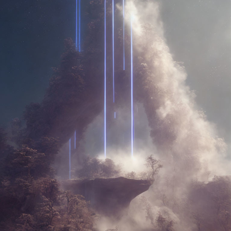 Ethereal forest landscape with blue light beams