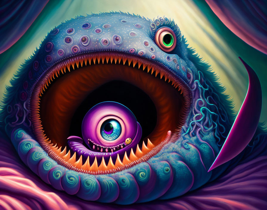 Whimsical creature with central eye, sharp teeth, and purple tongue