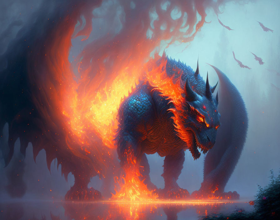 Blue-scaled fiery dragon in mystical setting with embers and ethereal light