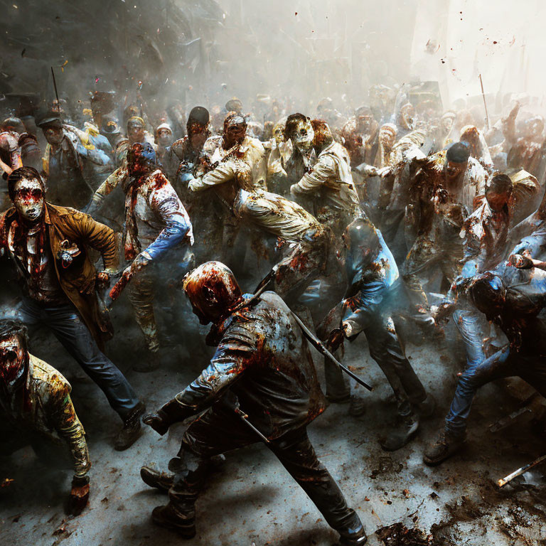 Crowd of mud-covered or fake-blooded people resembling zombies in chaotic or festive setting