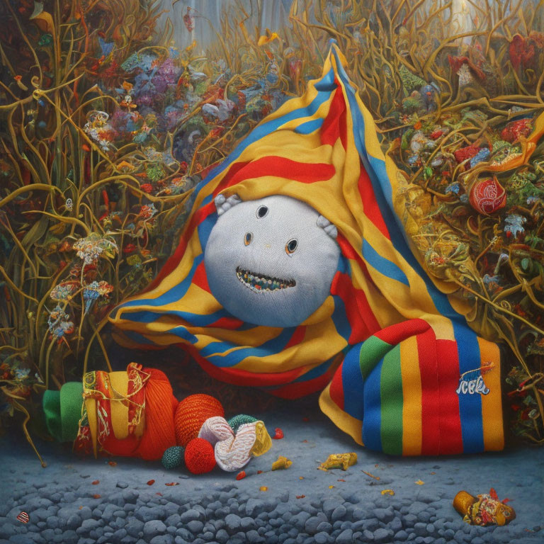 Colorful Striped Blanket with Smiling Moon Face and Yarn Balls