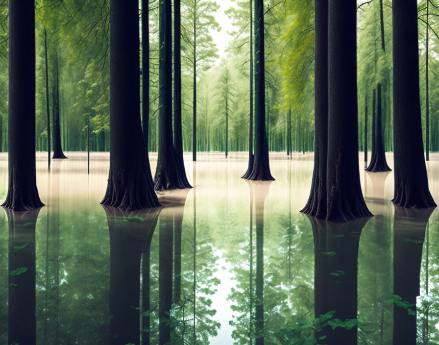 Serene flooded forest with tall, straight trees reflecting in calm water