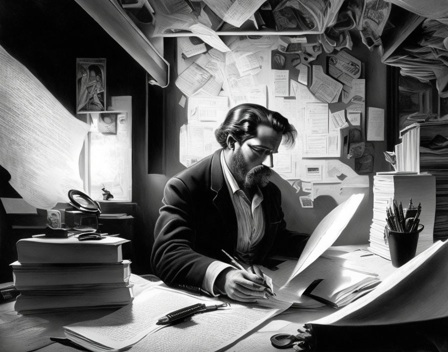 Man working at cluttered desk in dark room with single light source