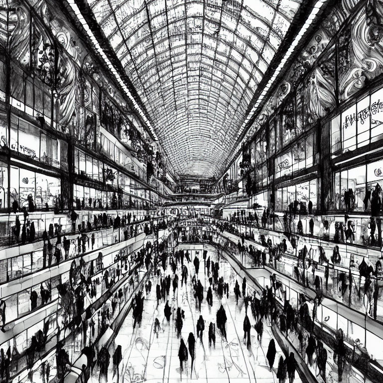 Monochrome indoor scene with glass ceiling, balconies, and people.