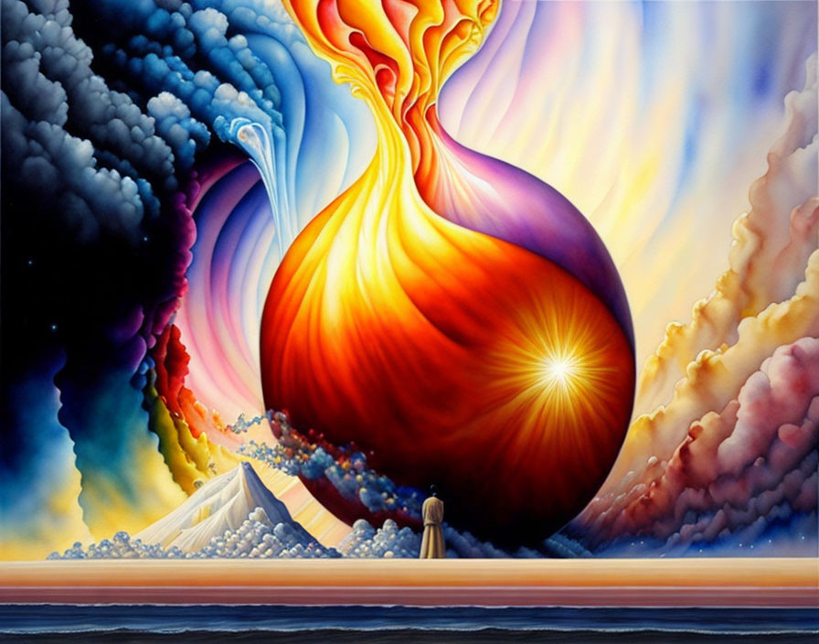 Colorful surrealistic painting with fiery teardrop and blue swirl against dark clouds and tranquil sea.