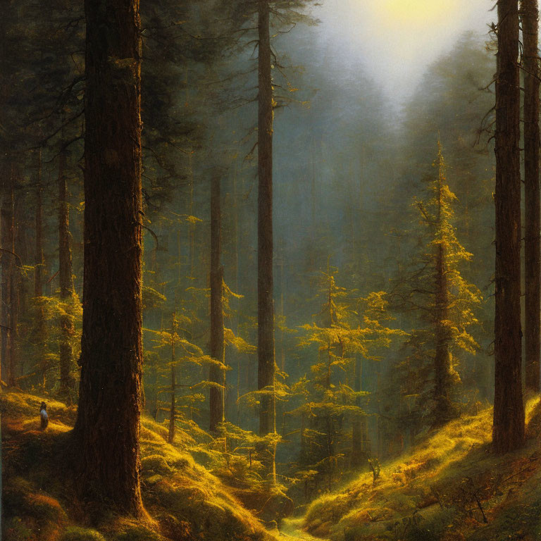 Misty forest scene with sunlight filtering through tall trees