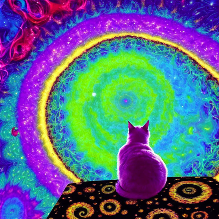 White Cat Gazes at Psychedelic Vortex in Neon Colors