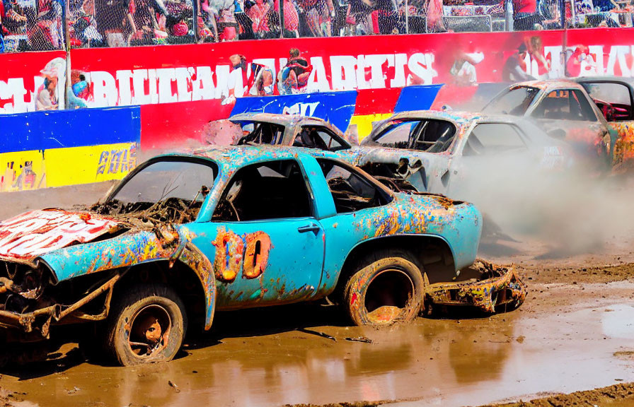 Vibrant demolition derby scene with colorful battered cars and number '00'